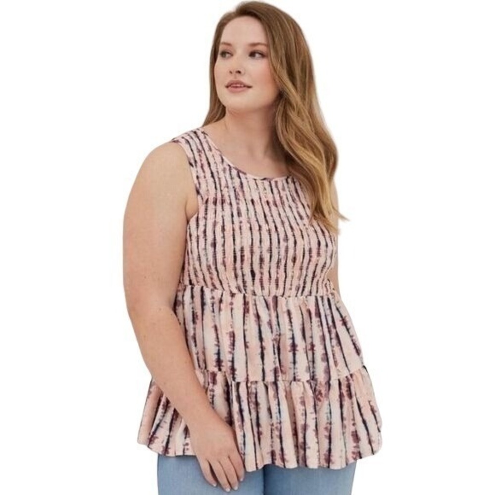 Torrid Pink Tie Dye Smocked Babydoll Tiered Peplum Tank Top Size 0 L XL